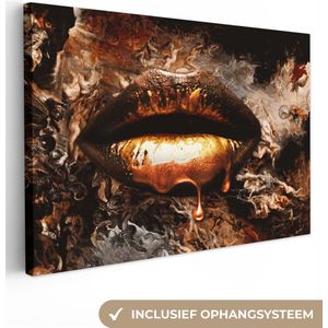 Canvas schilderij - Gouden lippen 140x90 - Kamer decoratie accessoires abstract - Goud kunst schilderijen woonkamer - Wanddecoratie slaapkamer - Muurdecoratie keuken - Wanddoek interieur binnen - Woondecoratie huis - Woonaccessoires