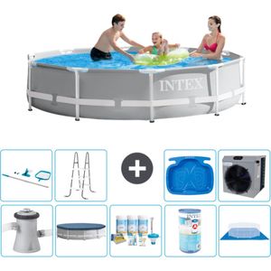 Intex Rond Prism Frame Zwembad - 305 x 76 cm - Grijs - Inclusief Pomp Afdekzeil - Onderhoudspakket - Filter - Grondzeil - Schoonmaakset - Ladder - Voetenbad - Warmtepomp