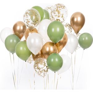Partizzle 50x Olijfgroene, Gouden & Witte Helium Confetti Ballonnen - Groene Verjaardag Versiering - Ballonnenboog Maken - Latex