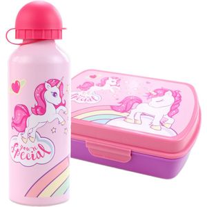 Broodtrommel + drinkfles Unicorn | Lunchbox voor kinderen + stickers | Eenhoorn Roze LS03a
