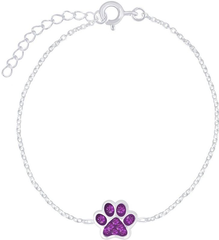 Joy|S - Zilveren kat hond dierenpoot armband - 14 cm + 3 cm - kristal paars - poot afdruk