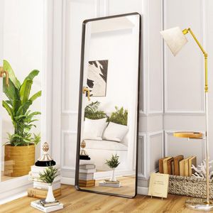 Diep frame, staande spiegel, 163 x 53 cm, luxe ronde hoeken, vloerspiegel met robuust nano-glas, aan de muur gemonteerde full-body spiegel horizontaal of verticaal gehangen, zwart