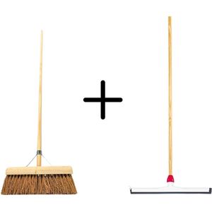 Synx Tools Coco Binnenbezem 30cm + Vloertrekker Kunststof 45cm met Steel 120cm - Zaalveger – Vloerreiniger – Natuurrubber - Zachte bezem kokos Met steel 150cm