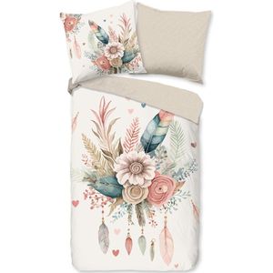 Dekbedovertrek 135x200 cm - Bloemen en Veren Print - Ecru - 1 Persoons - 100% Katoen - Oeko-Tex Gecertificeerd