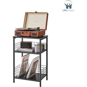 LifeStages - Platenspeler Meubel - Platenstandaard Met Geclassificeerde Opslag - Veiligheidsnet - Voor Draaitafels - Kleur Zwart