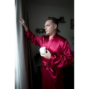 Kimono satijn heren - Uniek cadeau voor hem - Burgundy red - ochtendjas - lange mouw - maat XXL
