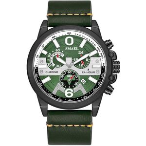 Chronograaf Heren Horloge (47mm diameter) Zwarte staalkast  Groene Leder band | Rode details | Casual-style | SMAEL 9010A44 | Waterdicht |Analoog |Stopwatch | Mud | Shock bestendig| Leger | Leer | Lerenband | Timer | Master