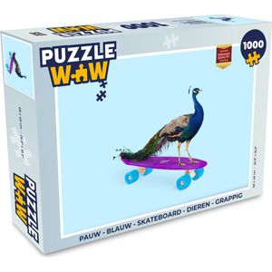 Puzzel Pauw - Blauw - Skateboard - Dieren - Grappig - Legpuzzel - Puzzel 1000 stukjes volwassenen