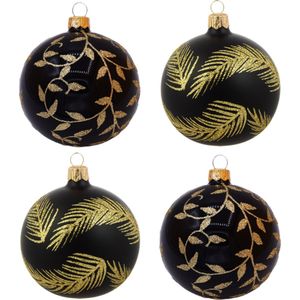 Zwarte Kerstballen met Gouden Glitter Veren en Gouden Kleine Blaadjes - Doosje met 4 glazen kerstballen