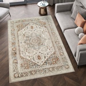 Tapiso Retro Vloerkleed Beige Vintage Laagpolig Slaapkamer Tapijt Maat- 200x300