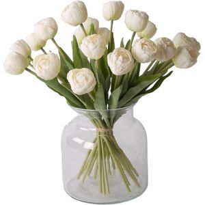 WinQ- Witte Tulpen - Boeket kunst Tulpen 38cm -21 tulpen - Kunstbloemen met glasvaas - zijden bloemen - Exclusief glasvaas -