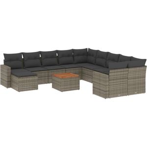 The Living Store 12-delige Loungeset met kussens poly rattan grijs - Tuinlounge - Lounge Set - Buitendecoratie - Buitenkamer - Relaxstoel