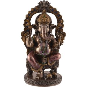 Maddeco - Ganesha beeld - Ganesha op troon - god van kennis en wijsheid - bronskleurig beeldje - polystone - 15 x 10 x 26 cm