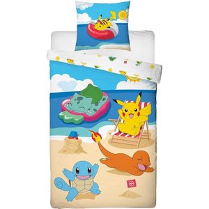 Pokémon Dekbedovertrek 140x200 cm - Pikachu en Vrienden op het Strand - Microvezel Beddengoed + Kussensloop 63x63cm