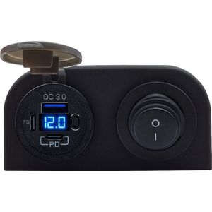 ProRide 12V USB C Stopcontact 3 Poorten Opbouw met Schakelaar/Voltmeter - QC3.0 - Tweevoudig opbouw - Blauw