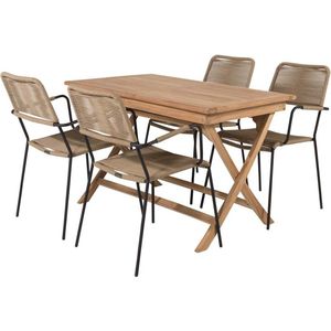 Kenya tuinmeubelset tafel 70x120cm naturel, 4 stoelen Lindos bruin.