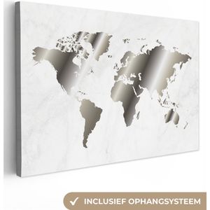 Canvas Wereldkaart - 120x80 - Wanddecoratie Wereldkaart - Zwart Wit - Marmer