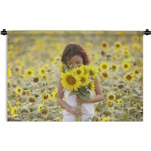 Wandkleed Kinderen in de natuur - Meisje met een boeket van zonnebloemen Wandkleed katoen 150x100 cm - Wandtapijt met foto