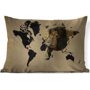 Sierkussens - Kussen - Zwarte wereldkaart met een leeuw erop - 60x40 cm - Kussen van katoen