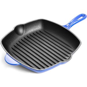 Nuovva Pre Seasoned Gietijzeren Grillpan - Steakpan Blauw - Vierkant met Schenktuit 28cm - Alle warmtebronnen - Elektrisch - Gas - Halogeen - Inductie - Keramisch