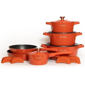 Royalty Line® OS1014 Pannenset Inductie - 14 Delige Pannensets - Afneembare Koudgrepen - Pannen Geschikt Voor Alle Warmtebronnen - Oranje