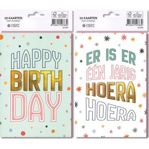 MGPcards - 10x dubbele wenskaart met gekleurde envelop - Hoera - Happy Birthday - 11.5 x 17 cm
