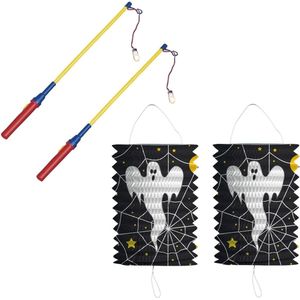 2x stuks treklampion 16 cm spook met lampionstokjes - Halloween trick or treat lampionnen versiering