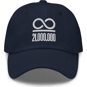 Infinity Divided By 21 Million - Klassiek Bitcoin Petje - Kleur Marine Blauw - Wit Geborduurd | Bitcoin cadeau| Crypto cadeau| Bitcoin Cap| Crypto Cap| Bitcoin Pet| Crypto Pet| Bitcoin Merch| Crypto Merch| Bitcoin Kleding