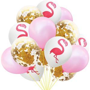 Ballonnen Flamingo verjaardag versiering set 15 stuks flamingo ballonnen in wit, roze en goud met papieren confetti