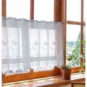 JGS ® Vitrage transparant jacquard gordijn met bloemen panneaux gordijnen landhuis bistro gordijn wit met oogjes korte keukengordijnen met gebogen rand BxH 120x90cm 1 stuk