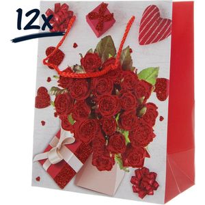 12x Stevige draagtassen LOVE Valentijn Moederdag Bloemen Rozen (23x18x10)cm zak cadeautasje gift bag verpakking