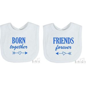 Soft Touch 2-pack Slabber Slabbetje Slab ""Born together Friends forever"" Unisex Tweeling Katoen Wit/blauw Maat 33x22 Cm