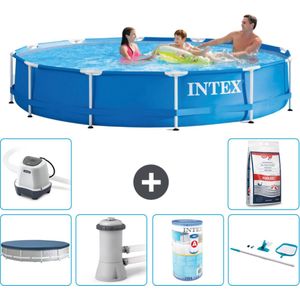 Intex Rond Frame Zwembad - 366 x 76 cm - Blauw - Inclusief Afdekzeil - Zwembadfilterpomp - Filter - Schoonmaakset - Zoutwatersysteem - Zwembadzout