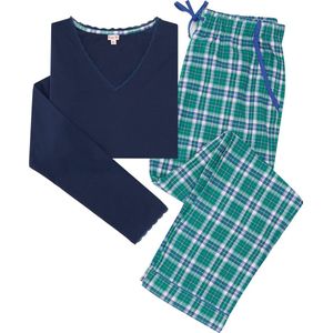 La-V pyjamasets voor dames met geruite flanel broek en top met kant blauw/groen XL (valt klein)