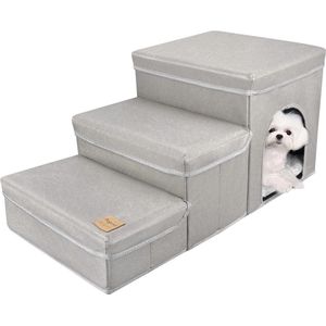 Hondentrap met 3 Treden - Vouwbare Huisdiertrap voor Sofa en Bed - Verwijderbare Pet Ladder - Multifunctionele Hondentrap met Opbergdozen - Geschikt voor Kleine Honden en Katten - Grijs