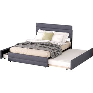 Merax Tweepersoonsbed 140 x 200 - Bedframe met 2 Lades en extra Uitschuifbaar Bed 90 x 190 - Grijs