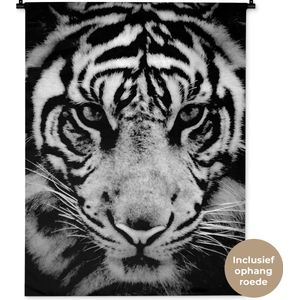 Wandkleed Close-up Dieren in Zwart-Wit - Sumatraanse tijger tegen zwarte achtergrond in zwart-wit Wandkleed katoen 90x120 cm - Wandtapijt met foto