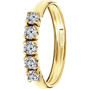 Lucardi Dames Ring met 5 zirkonia stenen - Ring - Cadeau - 14 Karaat Goud - Geelgoud