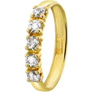 Lucardi Dames Ring met 5 zirkonia stenen - Ring - Cadeau - 14 Karaat Goud - Geelgoud