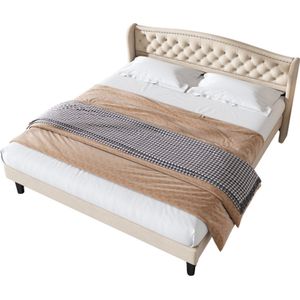 Stijlvol zacht gestoffeerd bed met fluwelen hoofdeinde, 140*190cm, knoopdecor en stevige houten panelen, beige