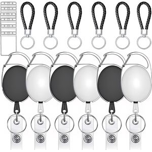 6 Stuks Uittrekbare Sleutelhanger met Lanyard & Karabijnsluiting - Badgehouder met Clip & 68cm Trekkoord - Intrekbare Karabijnhaak Sleutelkoord - Afrolmechanisme voor Badges/Sleutels - ID Jojo Koord Pasjeshouder - Keycord\Keykoord - Zwart\ Wit