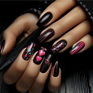 Press-on nagels medium vierkante vorm 24 stuks kunstnagels zwart en goud design Valentijn