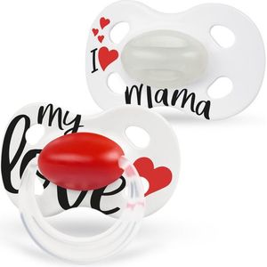 Medela Baby Fopspeen Day&Night Hoge acceptatie orthdontisch ergonomische vorm glow in the dark - Signature Love Mama - 18+ maanden - 2 stuks