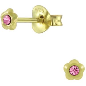 Joy|S - Zilveren mini bloem oorbellen - 3.5 mm - kristal roze - voor kinderen - 14k goudplating