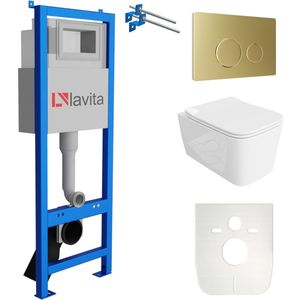 LAVITA® Inbouwreservoir Complete Toiletset LAV 101 - Inbouw WC Hangtoilet Wandcloset MURYA Wit Hoogglans - Bedieningsplaat 200.4.5 Gouden - Voorwandelement voor toilet 40cm - Installatiesysteem