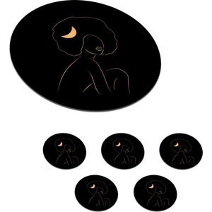 Onderzetters voor glazen - Rond - Vrouw - Maan - Gold - Line art - 10x10 cm - Glasonderzetters - 6 stuks