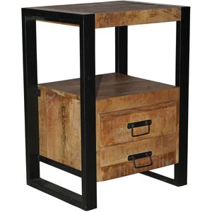Nachtkastje met lade - Mangohout met Staal - Nachtkastjes Industrieel (Per stuk) - Bijzettafel met opbergruimte - Kastje met lades - 40 cm breed - Houten Kastje & Tafeltje met Laden - Nachtkastje Metaal & Mangohout - (50 cm x 40 cm x 70 cm)