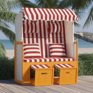 The Living Store Strandstoel Poly Rattan - 115x55x133/151/156 cm - Luifel - Verstelbare Rugleuning - Uitschuifbare Voetensteun - Rood en Wit