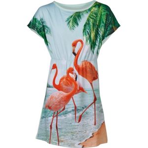 Meisjes jurk korte mouwen  flamingo print - aqua groen | Maat 116/ 6Y