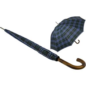 Heren paraplu automatisch met echt houten ronde haak handvat, blauw (check blue-green), Paraplu XXL automatisch
